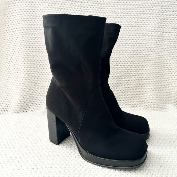 Mia Vintage Black Nylon Stretch Square Toe Platform 90s Y2K Mid Calf Boots 9 - Picture 3 of 13
